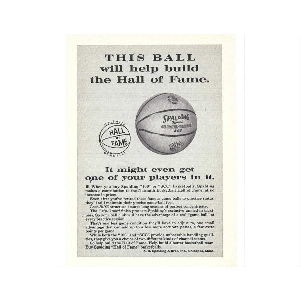 Vintage Spalding Basketball Hall Of Fame Print Ad 1960s Sports AD